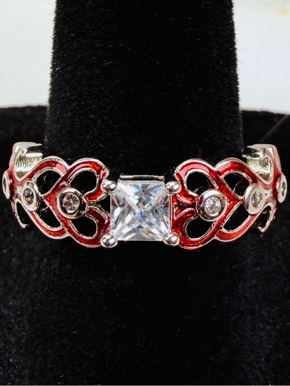 Beautiful, silvertone, red enamel, heart, clear, bling costume ring size 8
